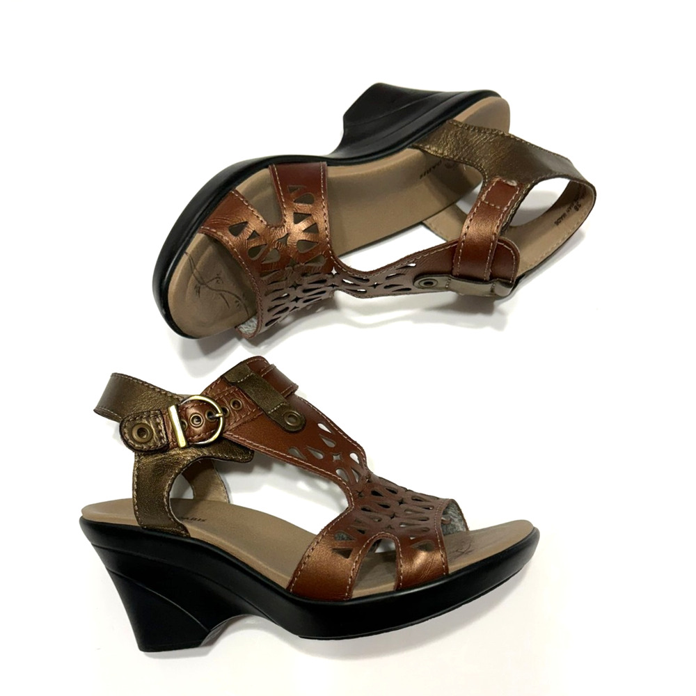 Dromedaris Two Tone Bronze Metallic Leather Ankle Buckle Wedge Sandals 38